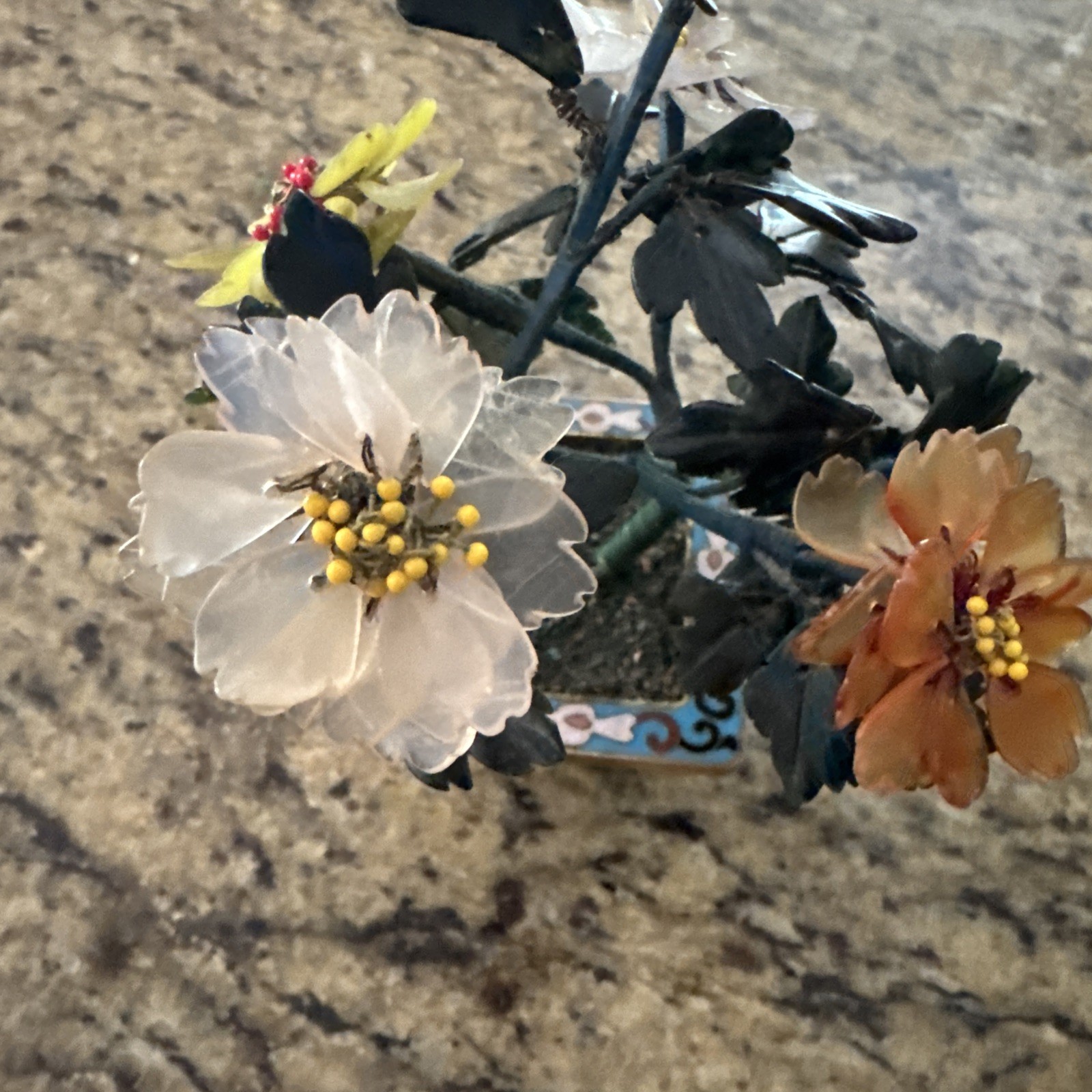 VINTAGE ORIENTAL JADE FLORAL TREE IN CLOISONNE POT ARRANGEMENT