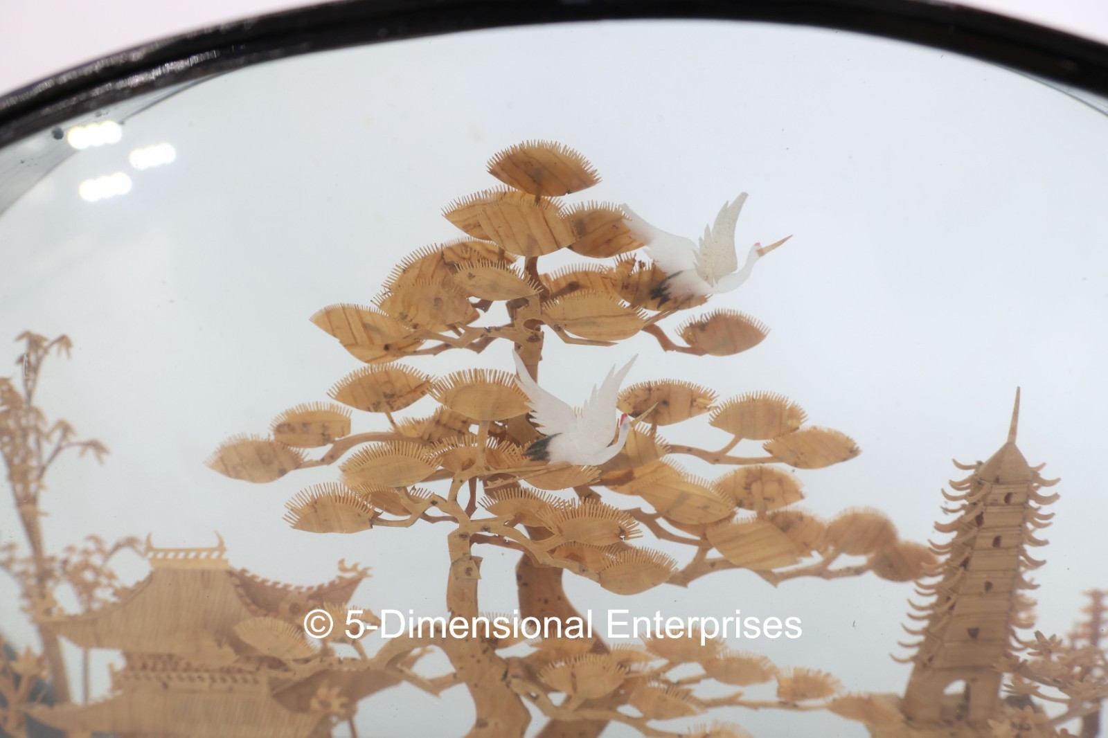 VTG Chinese Diorama Cork Carving Pagoda Trees Cranes 12″ x 8″ x 2.5″ Glass Case