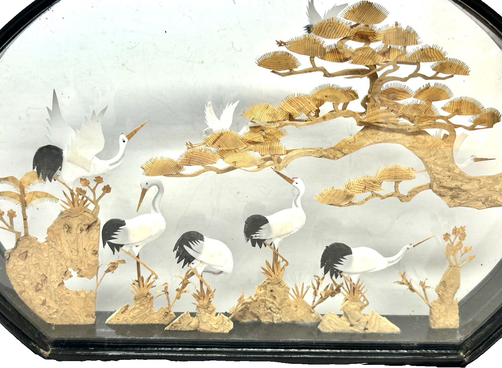 VTG CHINESE WOOD CARVED CORK ART 3D DIORAMA CRANES BIRDS PAGODA GARDEN 11 X 9