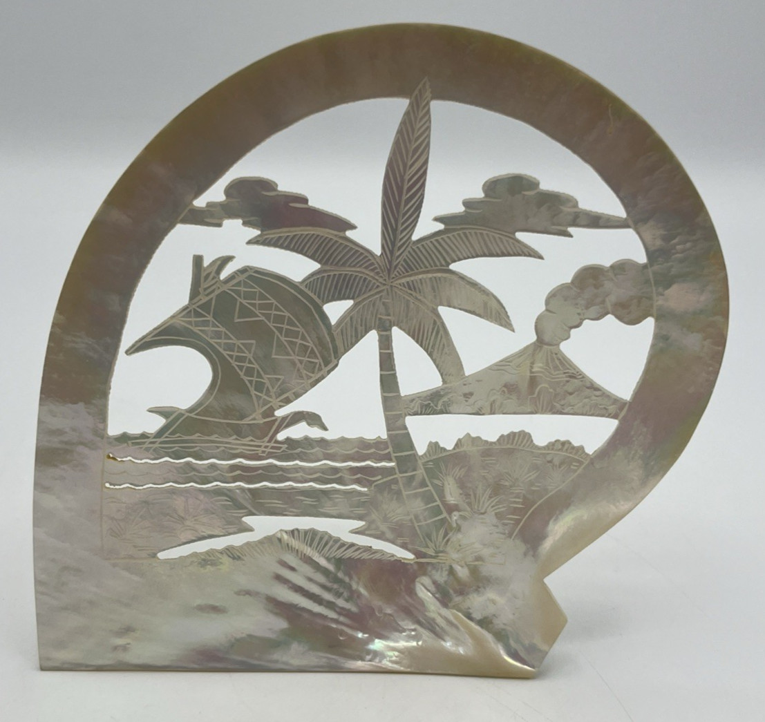 Carved Mother of Pearl Shell Asian Scene with Stand 6″ Tall