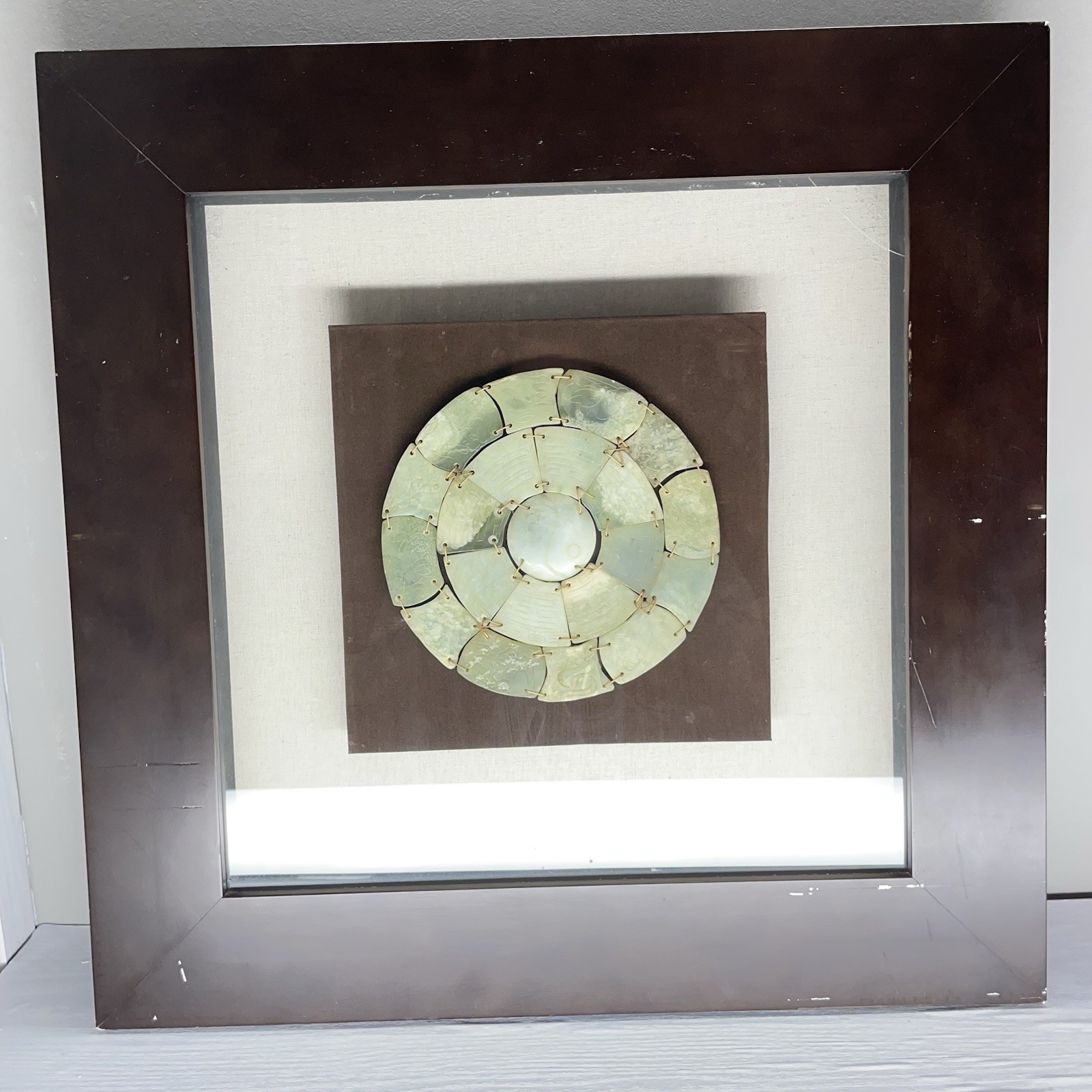 Jade Carved Chinese Zodiac Signs Yin & Yang Center in Heavy Shadow Box Frame
