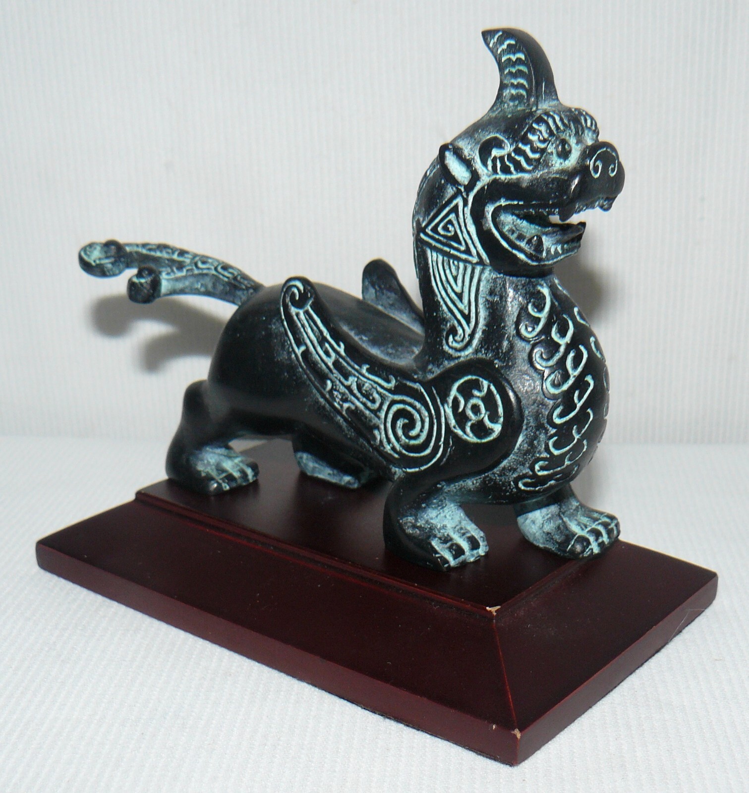 Chinese Bronze Griffin On Wood Stand 5×5″ Hollow