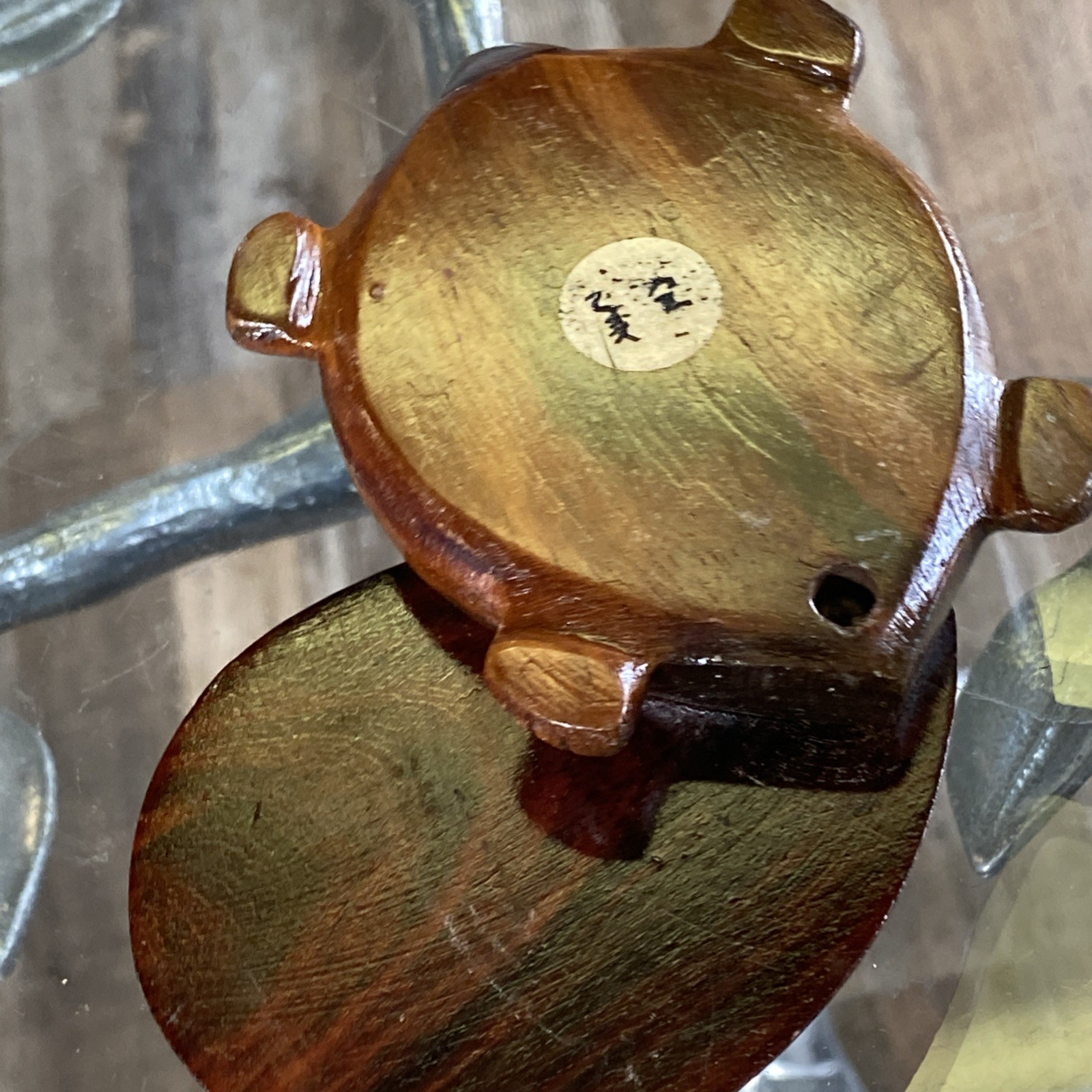Vintage Carved Wood Turtle with Inlaid Chinese Zodiac Signs Opens to Compass 4”