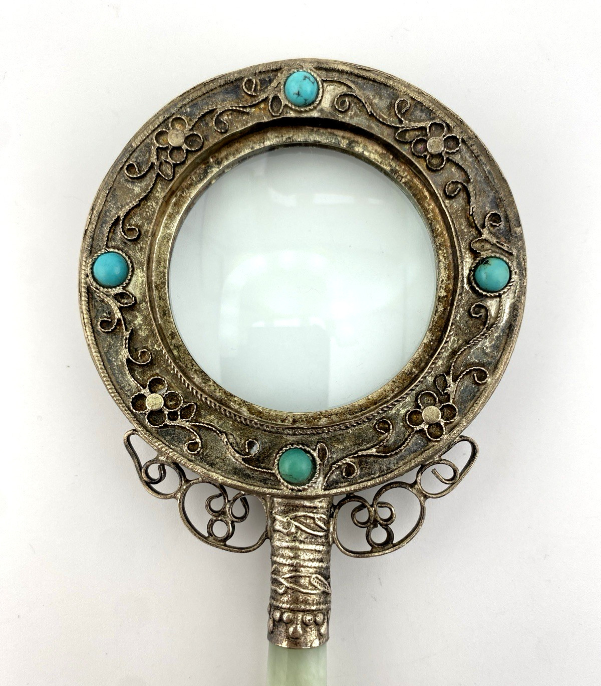 Chinese Export Magnifying Glass Green Stone Handle Silver Turquoise 2x 3x