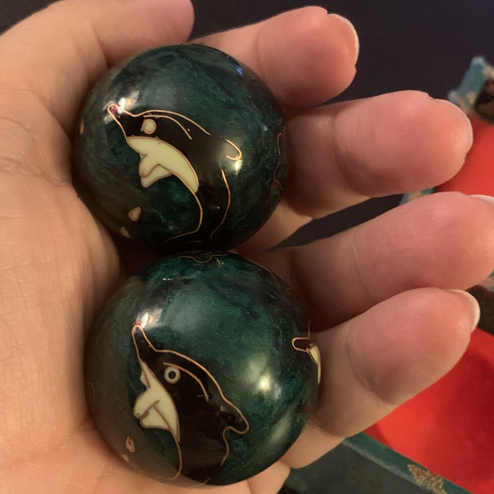 Vintage Chinese Cloisonné Baoding Balls with Chimes Green With Dolphins In Box