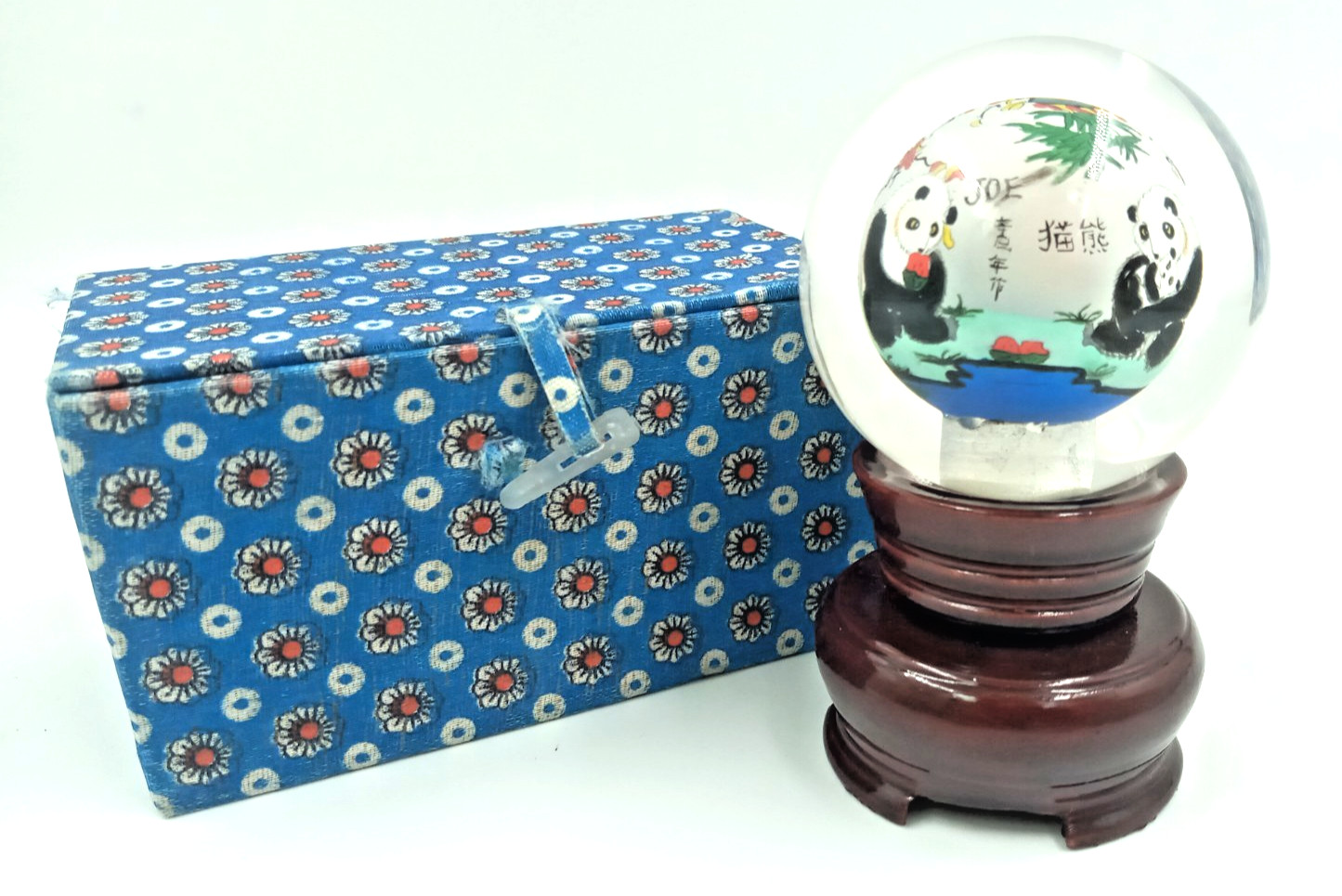 Vintage Reverse Chinese Glass Ball Pandas Paperweight Hand Painted With Stand