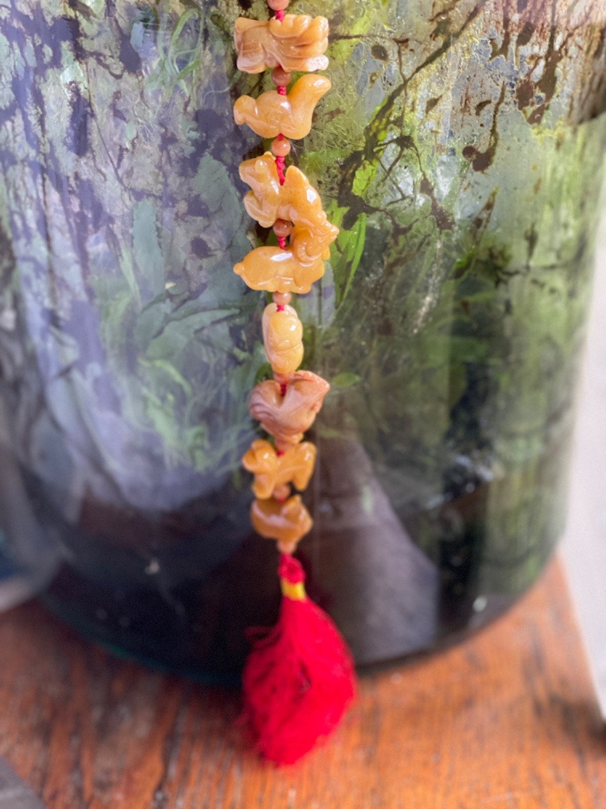 Vintage Chinese Zodiac Jasper Hanging Tassel: 19″ Long