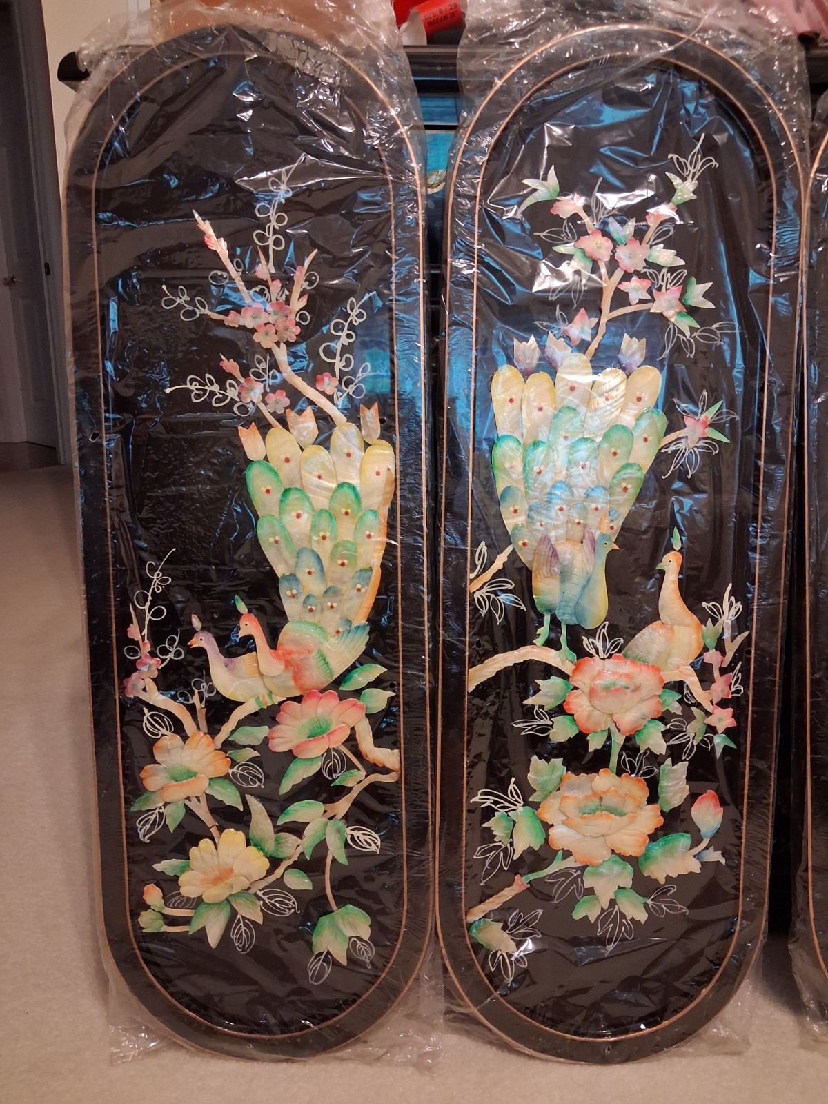 4 Vintage Asian Oriental Mother of Pearl Black Lacquer Wall Art Plaque Panels