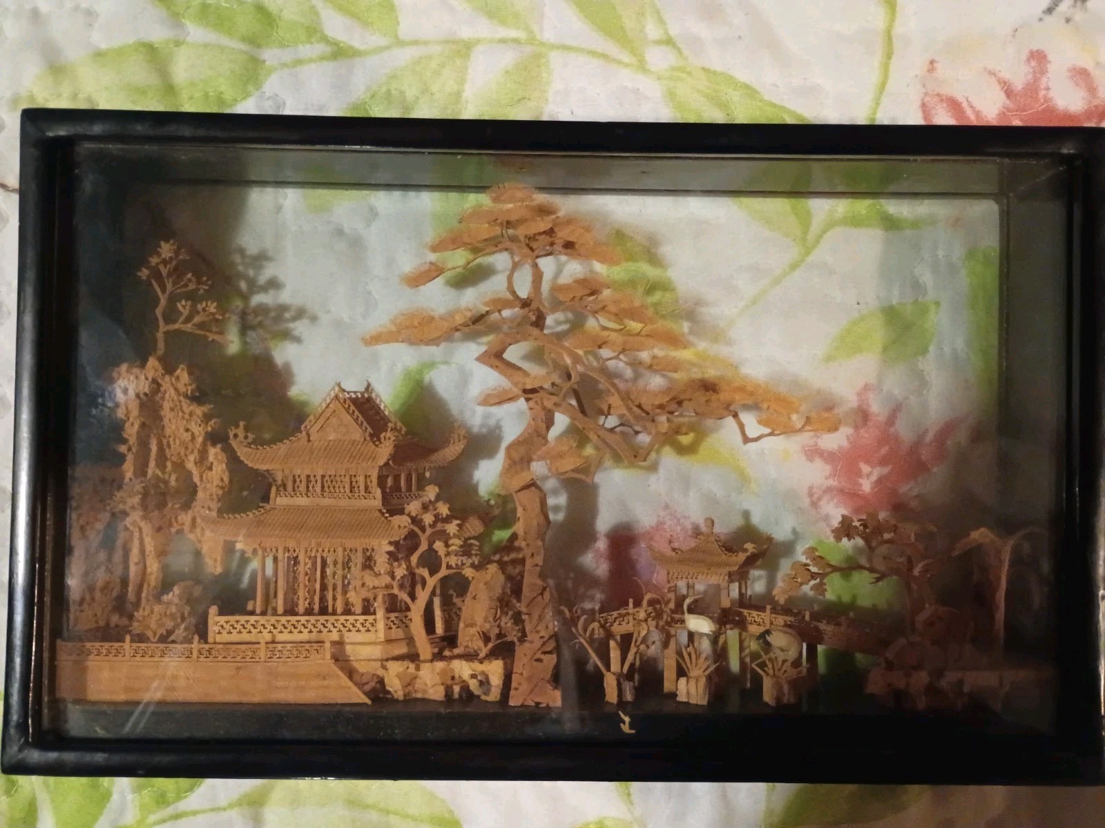 Chinese Cork Art Vintage Cranes Rare Pagoda Tree Art landscape , See Photos