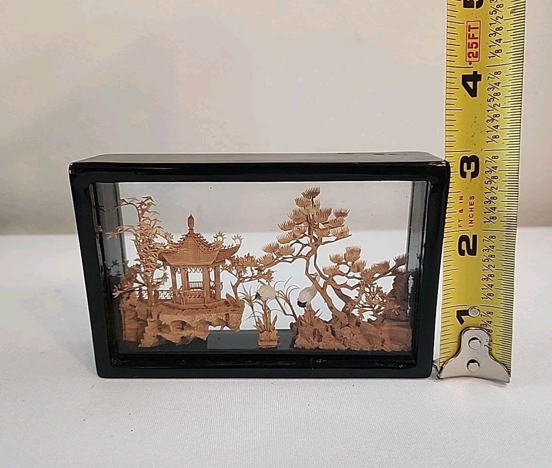 VTG Hand-Carved Chinese Cork & Wood Diorama Encased In Glass Pagoda Storks