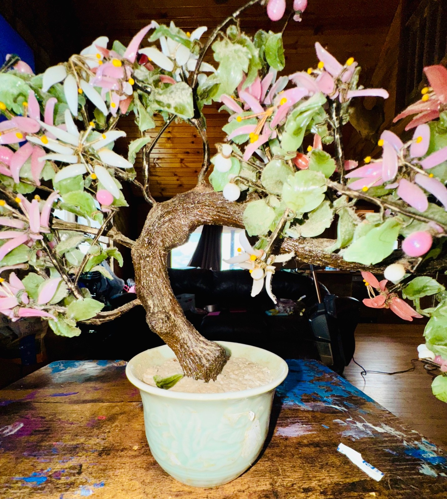 Vintage Large Chinese Jade Stone Glass Bonsai Tree Multi Color