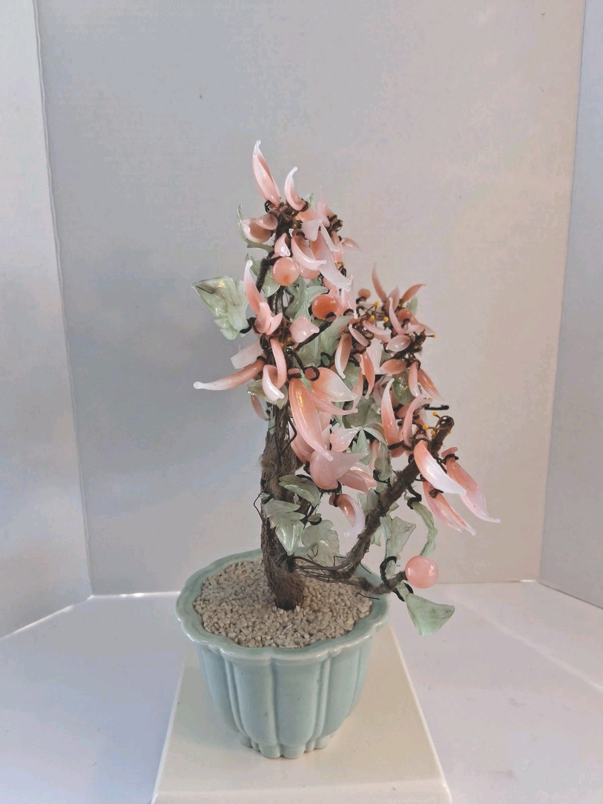 Vtg! XL Asian Bonsai Jade Glass & Coral Color Quartz Flowering Tree;14.5″x 13.0″