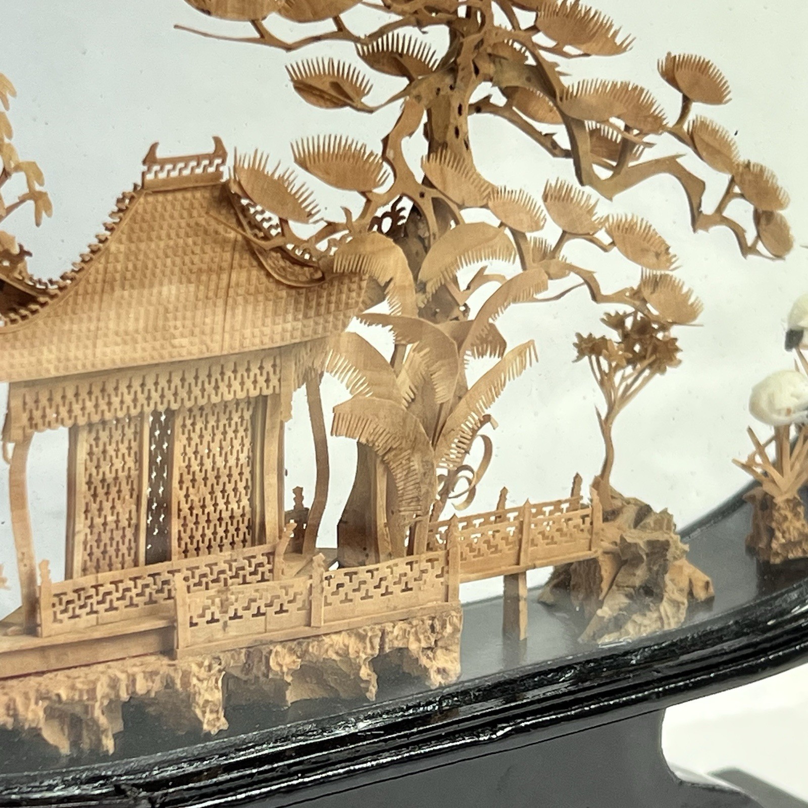 Vtg San Diorama Cork HandCarved W/ Pagoda Trees & Cranes In Glass Case 6X7”