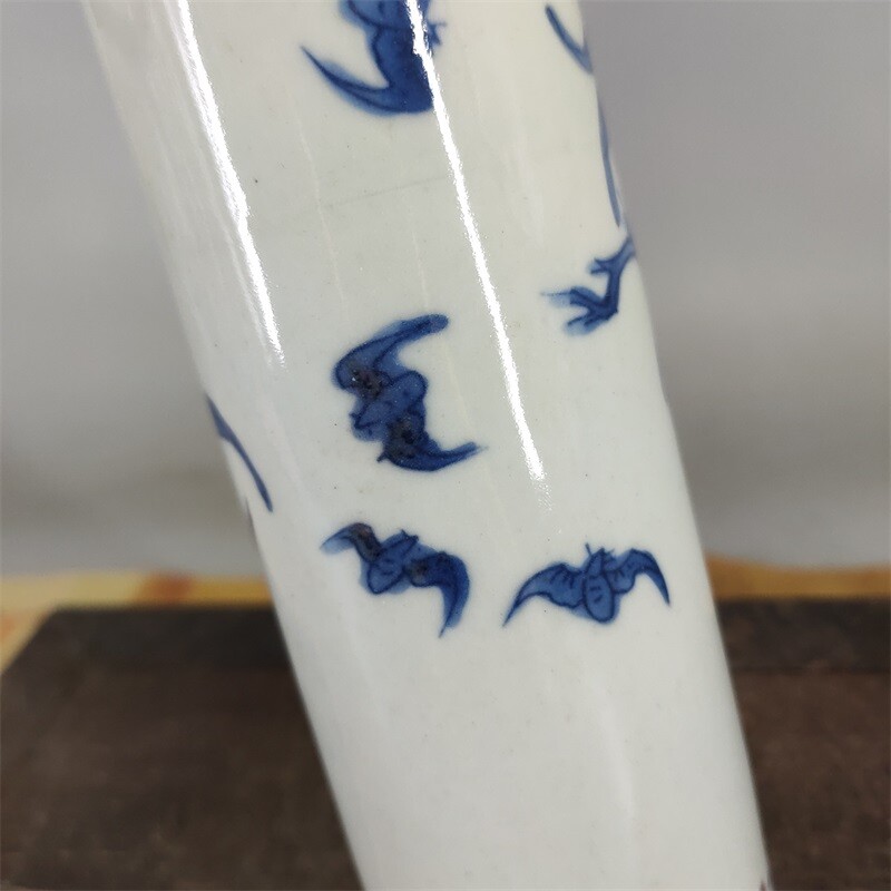 9.2″China Qing Blue White Porcelain Red Glaze Longevity Peach Bat Incense Tube