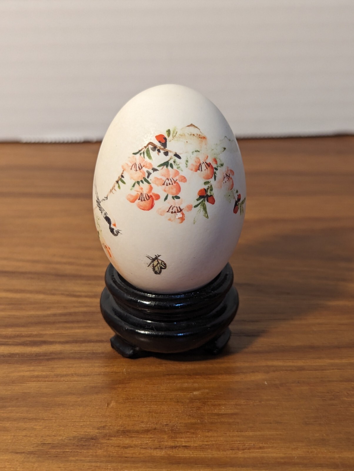 Vintage Chinese Hollow Hand Painted Egg With Stand. Floral, Birds, Butterfly.