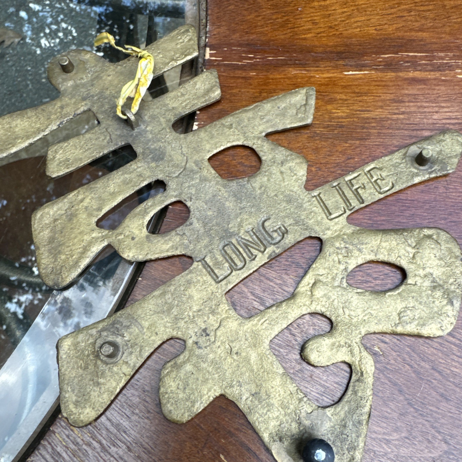 Vtg Chinese Brass Symbols (4) Wall Hanging/Trivet – Long Life – Good Luck 10″
