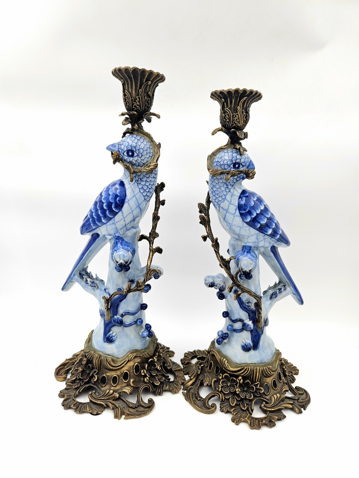 Antique Chinese Bird HOLLYWOOD REGENCY Blue Birds Brass Candle Holders 14″