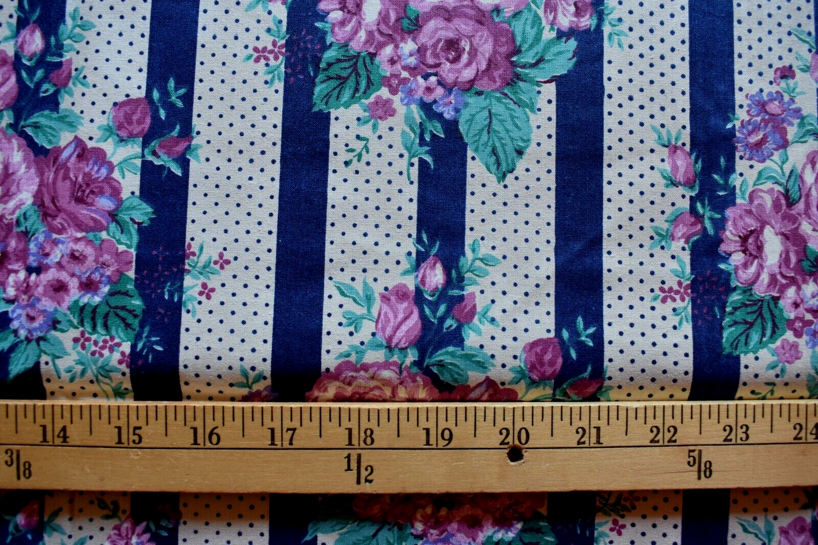 MAUVE FLOWERS ON TAN BLUE STRIPES COTTON BLEND FABRIC 21X44 + INCHES VINTAGE