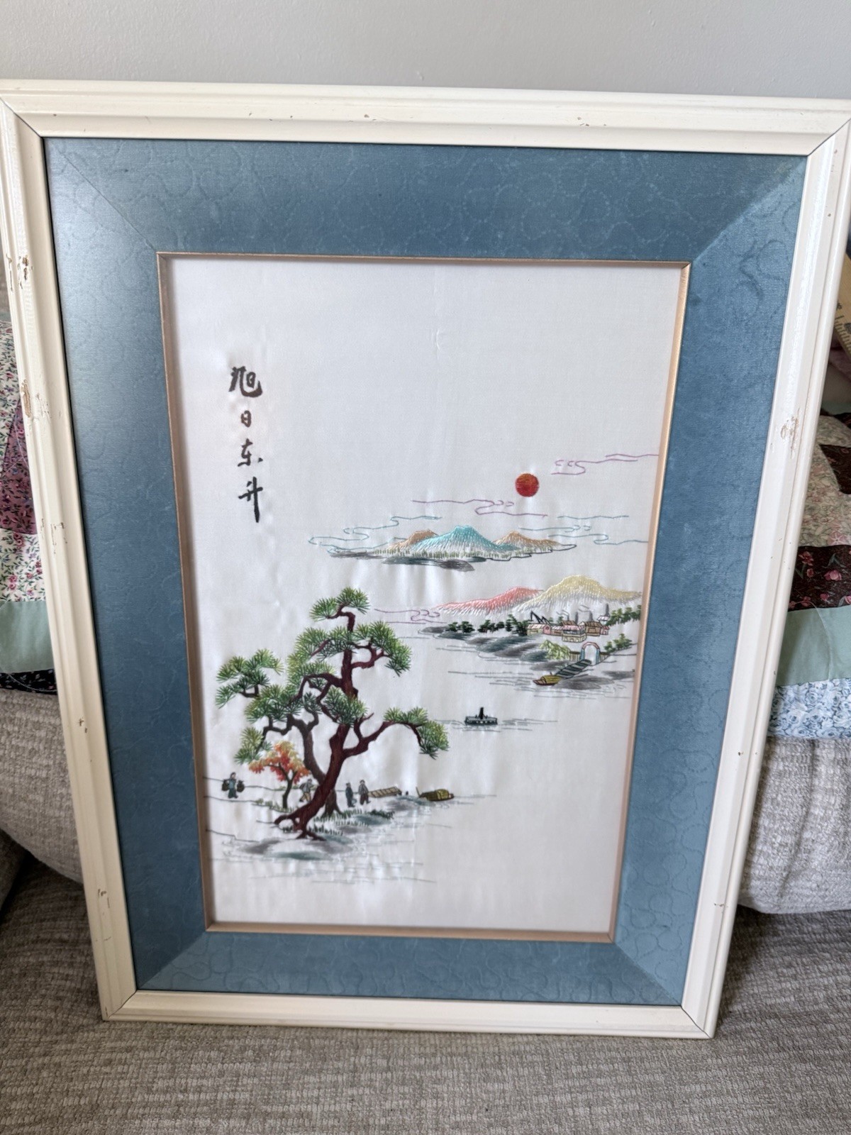 VINTAGE Chinese Landscape Fine Silk Embroidery Scenic Artwork Framed 22 x 16.5″