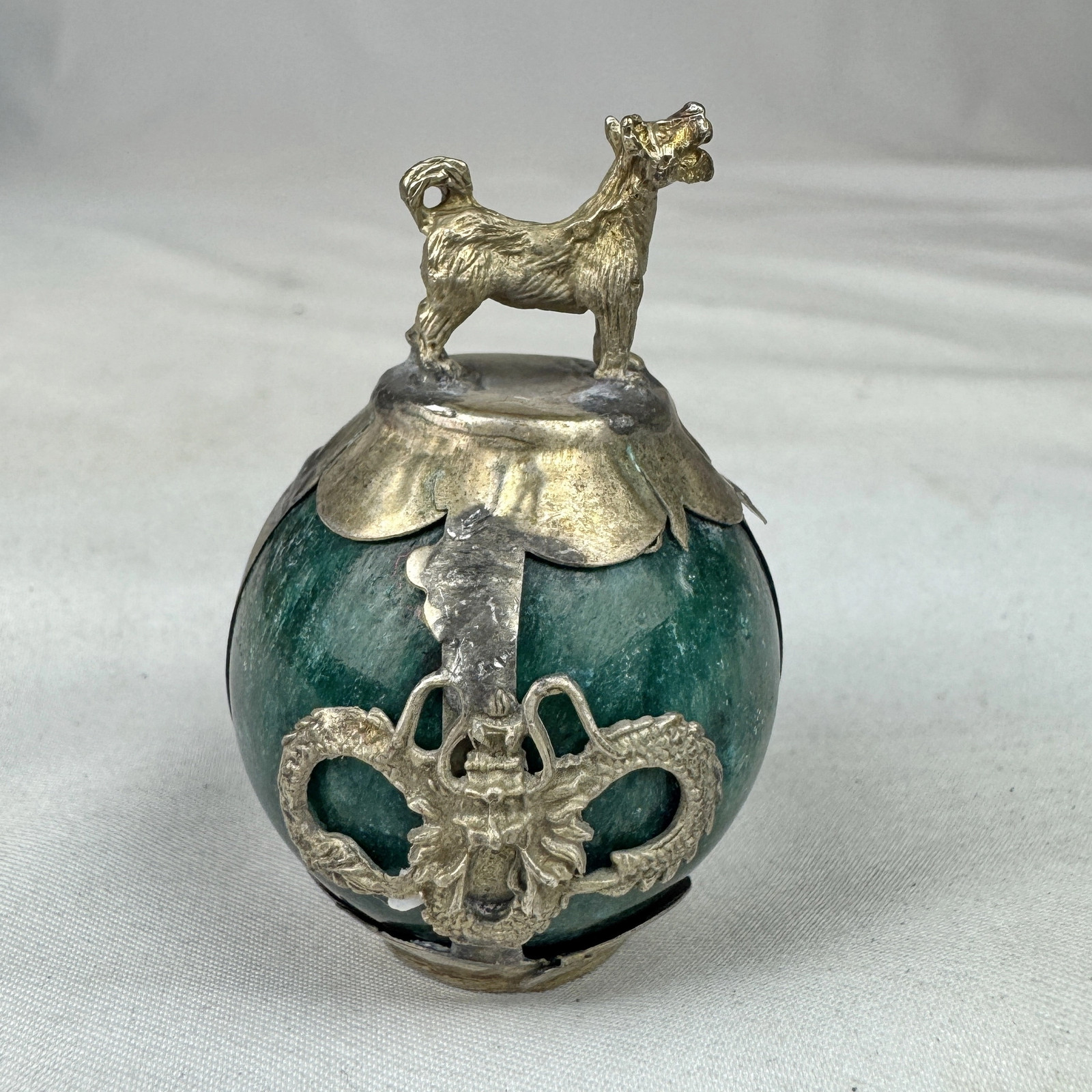 Vintage Chinese Zodiac DOG Green Marble Orb, Pewter/Tin Finial, Dragon Motif