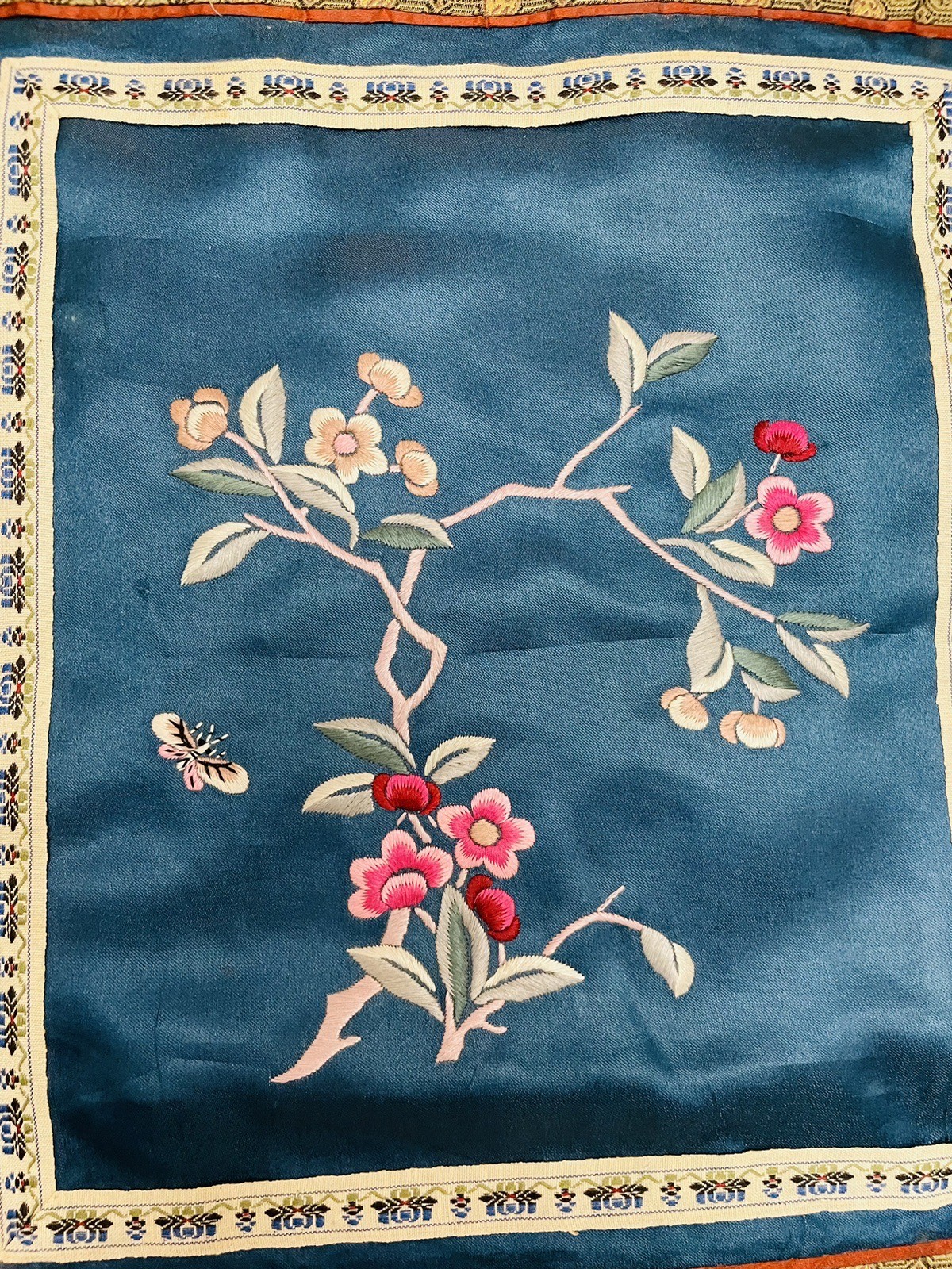 Vintage Chinese Silk Embroidered Art Square 11 by 12.5″ Blue Floral Elegant