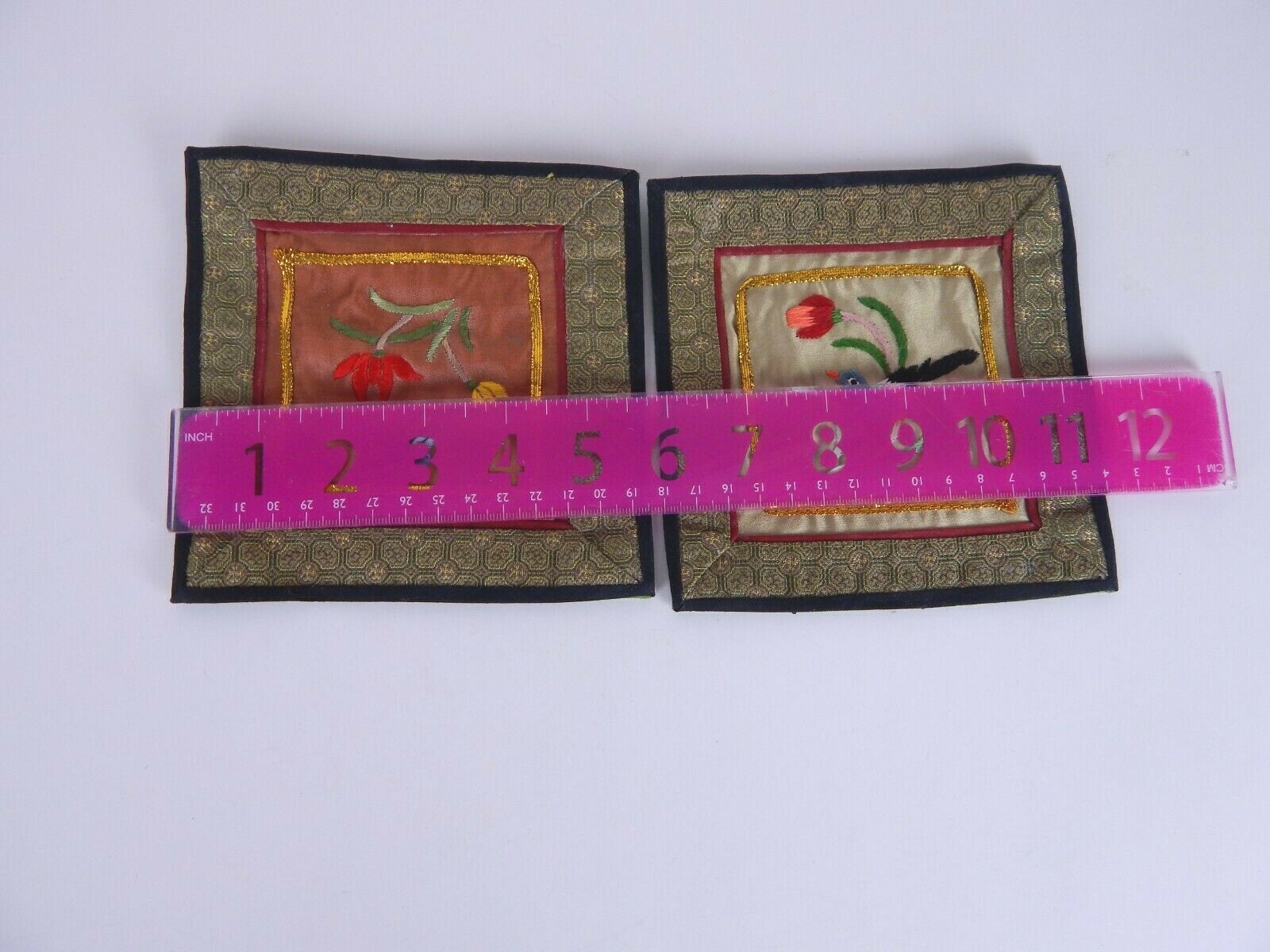 Vintage Chinese Silk Hand Embroidered Bird & Flowers 5.5″ Set of 2 Unframed