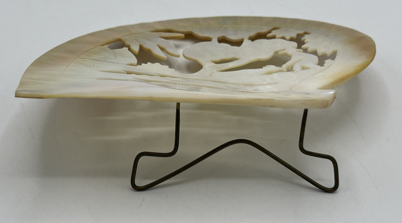 Carved Mother of Pearl Shell Asian Scene with Stand 6″ Tall