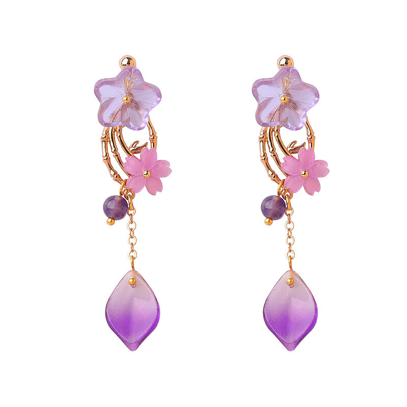 China Coloured Glaze/Purple Crystal Flower Tibetan Style Vogue Earbob Earrings