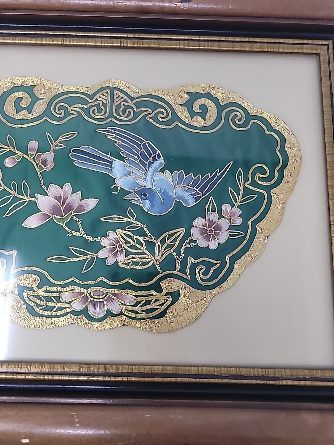 Two Framed Vintage Golden Cloud Green Chinese Hand Embroidered Panel
