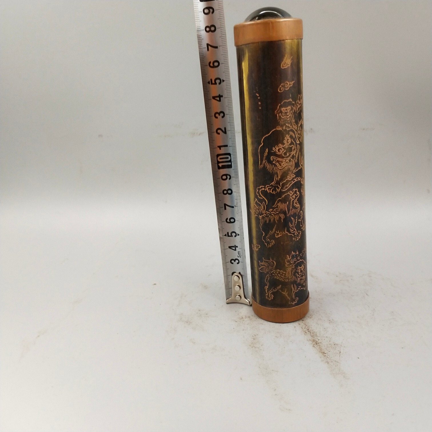 7.5″ old copper carved lion foo fu dog See Wonderful Scene optical kaleidoscope