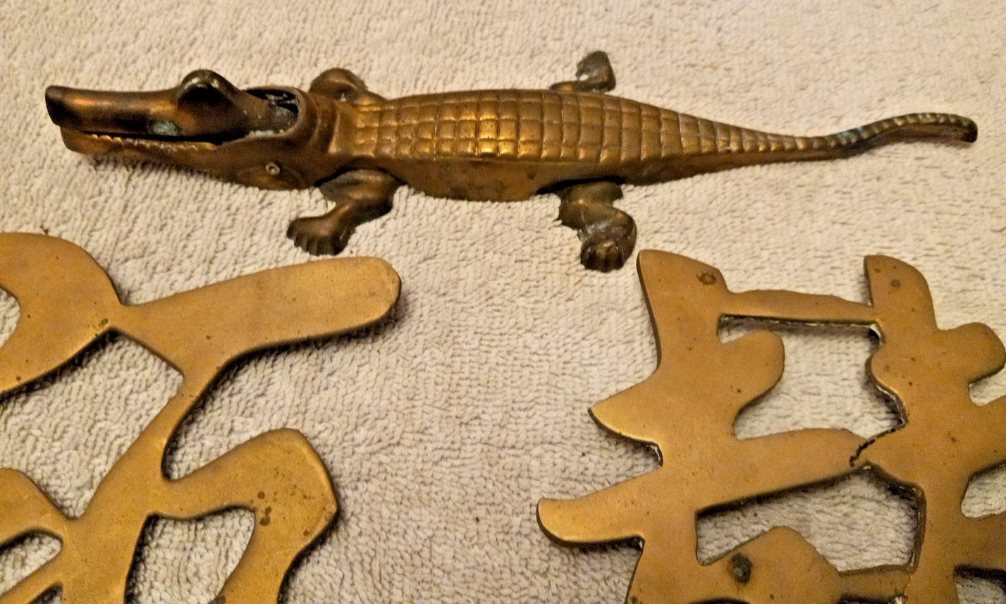 Vintage Brass Lot Chinese Symbols Letters Set Of 4 Gator, Nutcracker, Ashtray