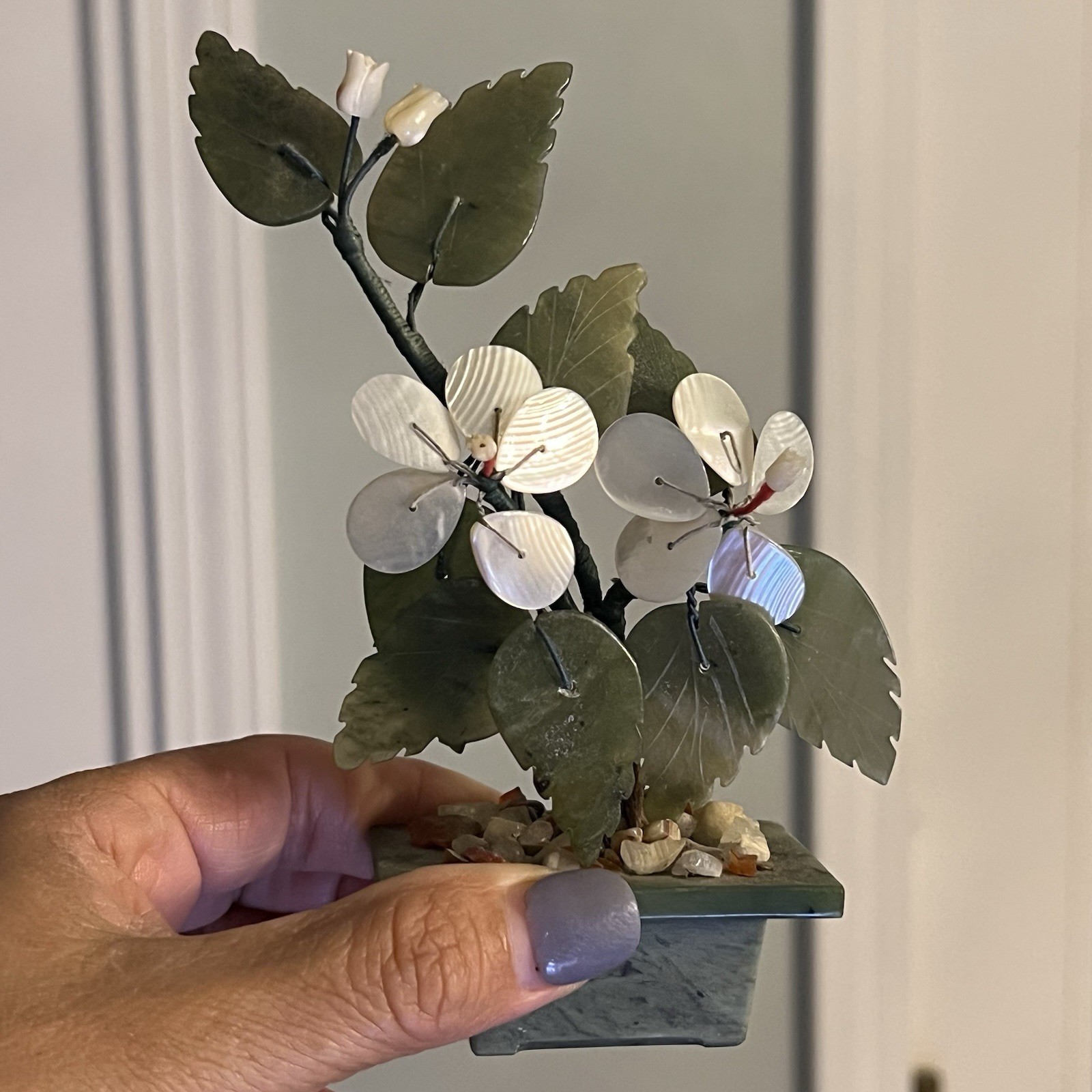 Sweet Small Asian Mother of Pearl & Jade Bonsai Tree Figure in Celadon Green Pot
