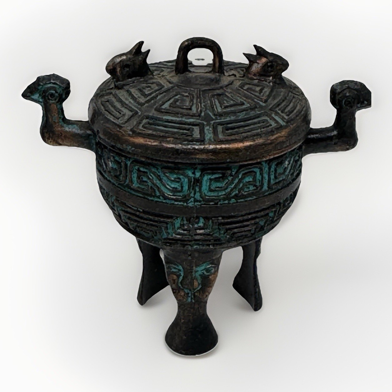 Vintage Set of 3 Chinese Bronze Small Leiwen Ding Tripods Censer Wooden Stand