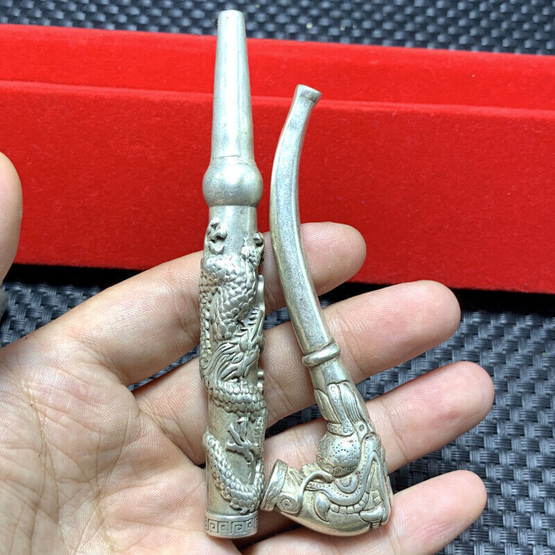 Tibetan Silver pipe Smoking Statue Sacred Dragon hand-made Tobacco rod 6pcs