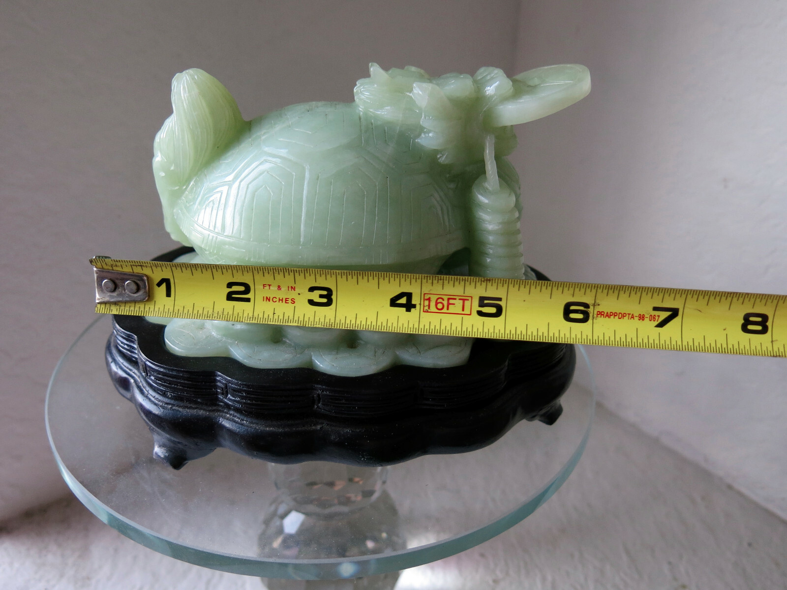 Asian Carved Jade Turtle – Many Symbols: Foo Dog Head, Coin in Mouth