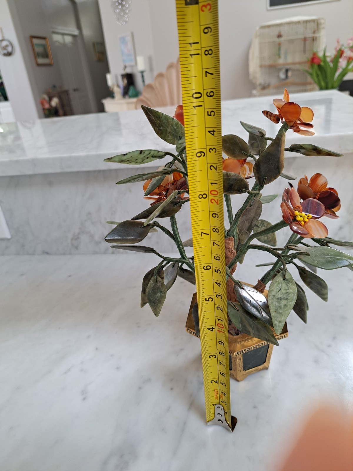 Vintage! Jade gemstone potted flowers With Brass Pot And Jade Decor.