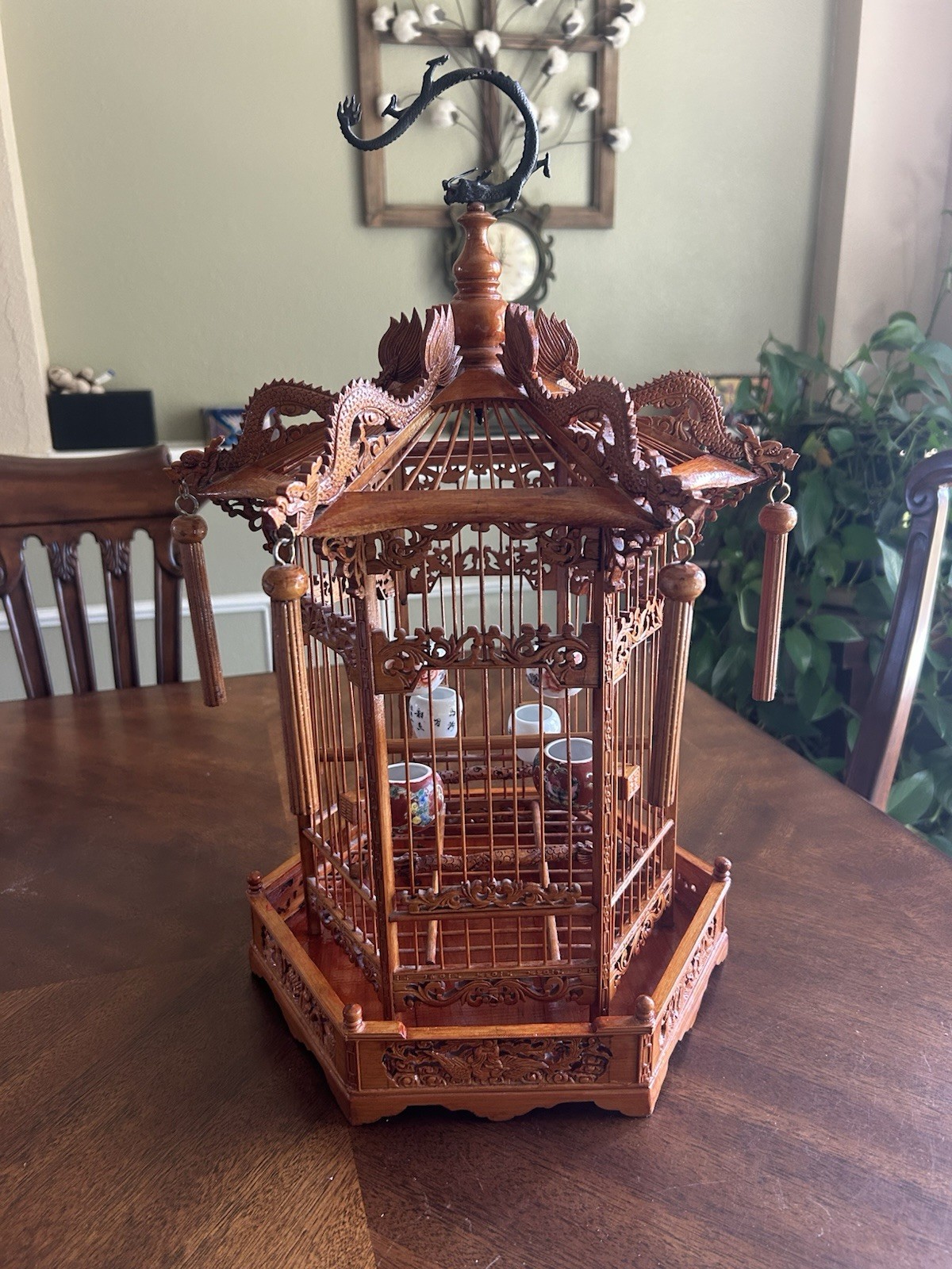 Antique Chinese Bamboo Bird Cage Hand Carved Vintage Feeders