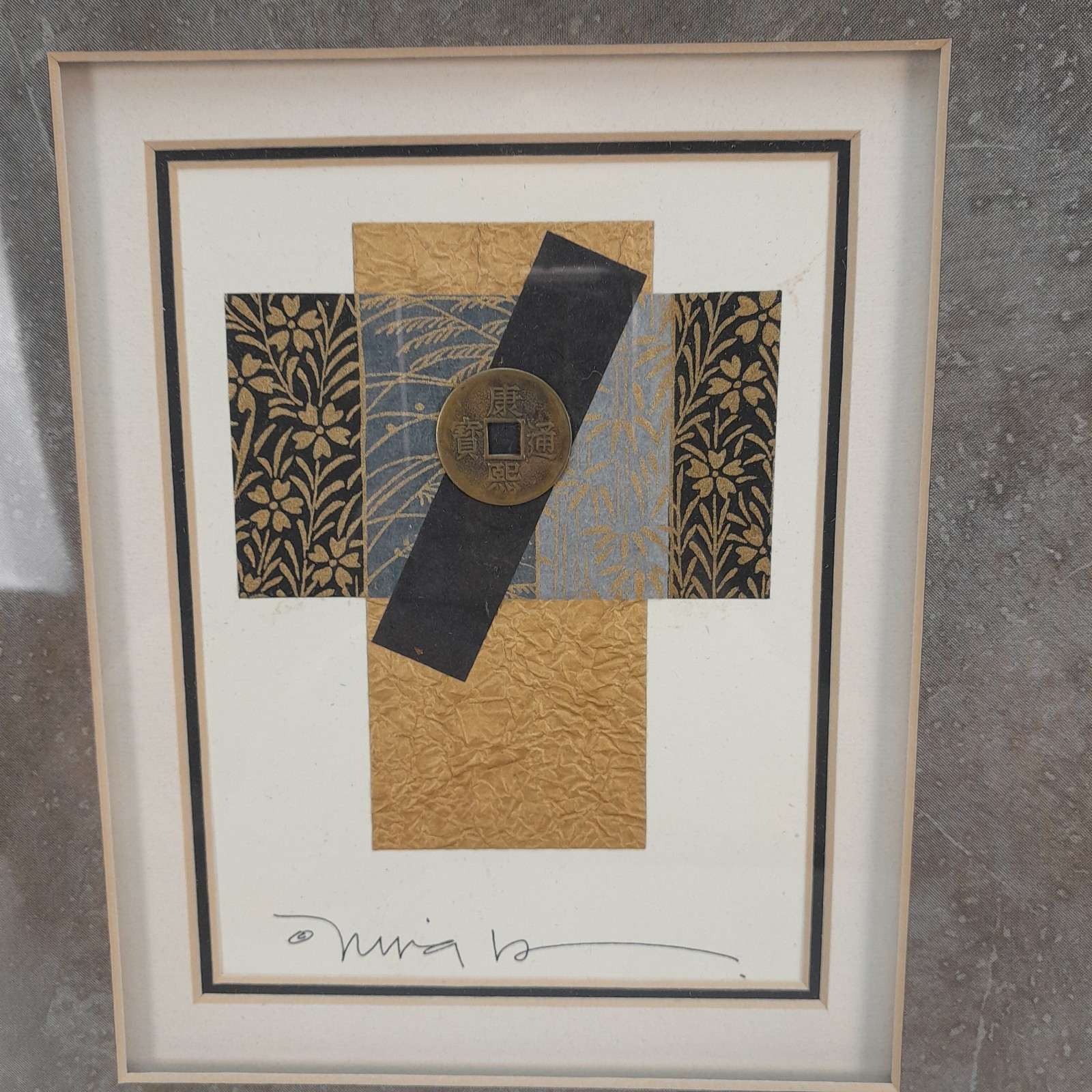 2 Chinese coin round w/square hole custom framed 16.5″ x 14.5″ matted,signed art