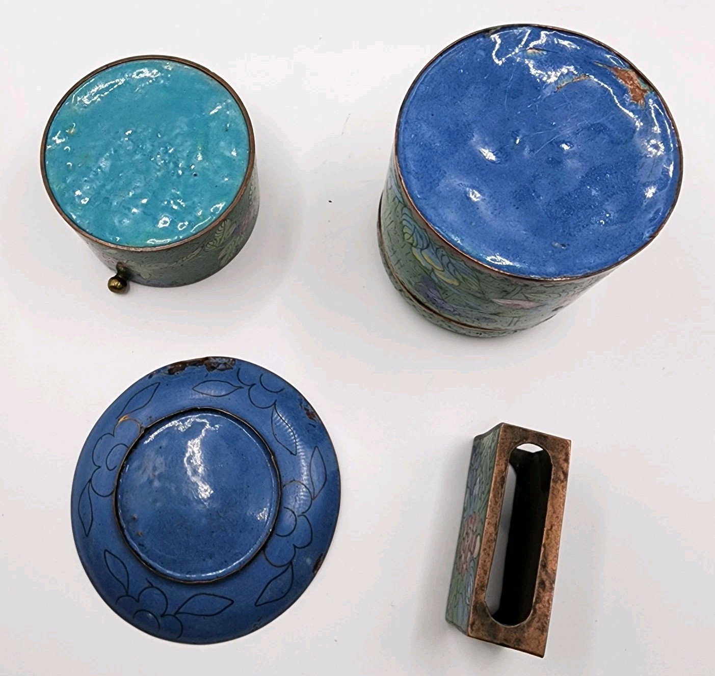 Vtg Green Chinese Lidded Cigarette Matches Ashtray Cloisonné Set Blue Enamel