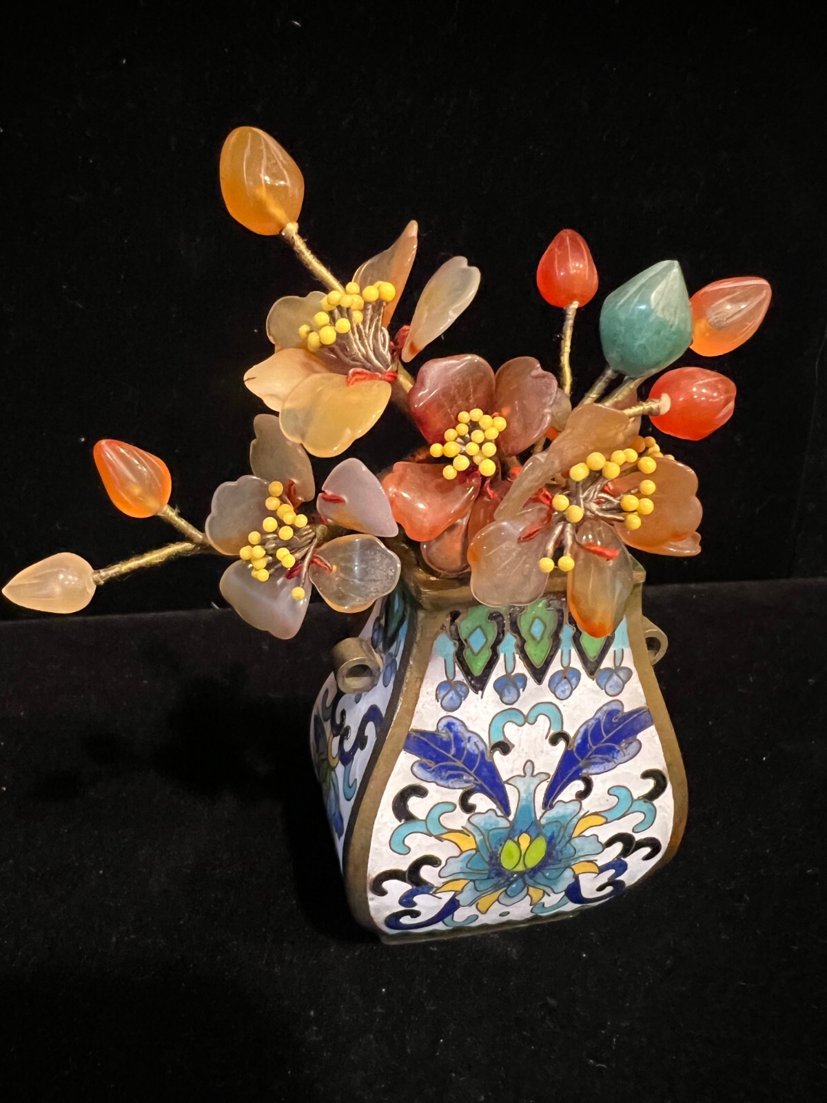 Miniature Antique Chinese Carnelian Quarts Jade Flower Tree in Cloisonne Pot