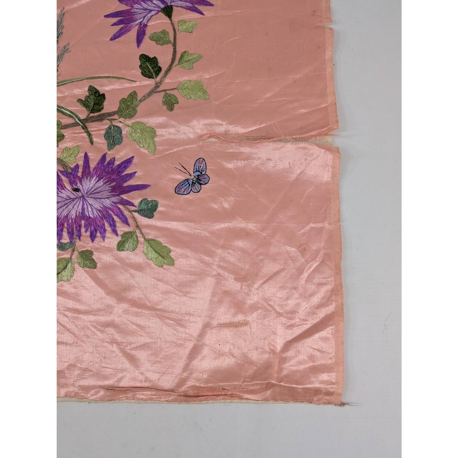 Vintage Chinese Hand Embroidered Floral & Butterfly Silk Textile 23x18in