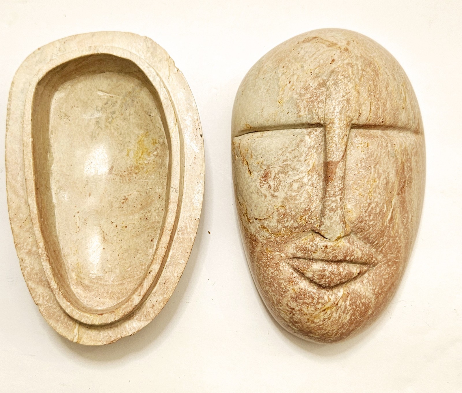 Vintage Carved Soapstone Lidded Face Trinket Box 5″ Pinks