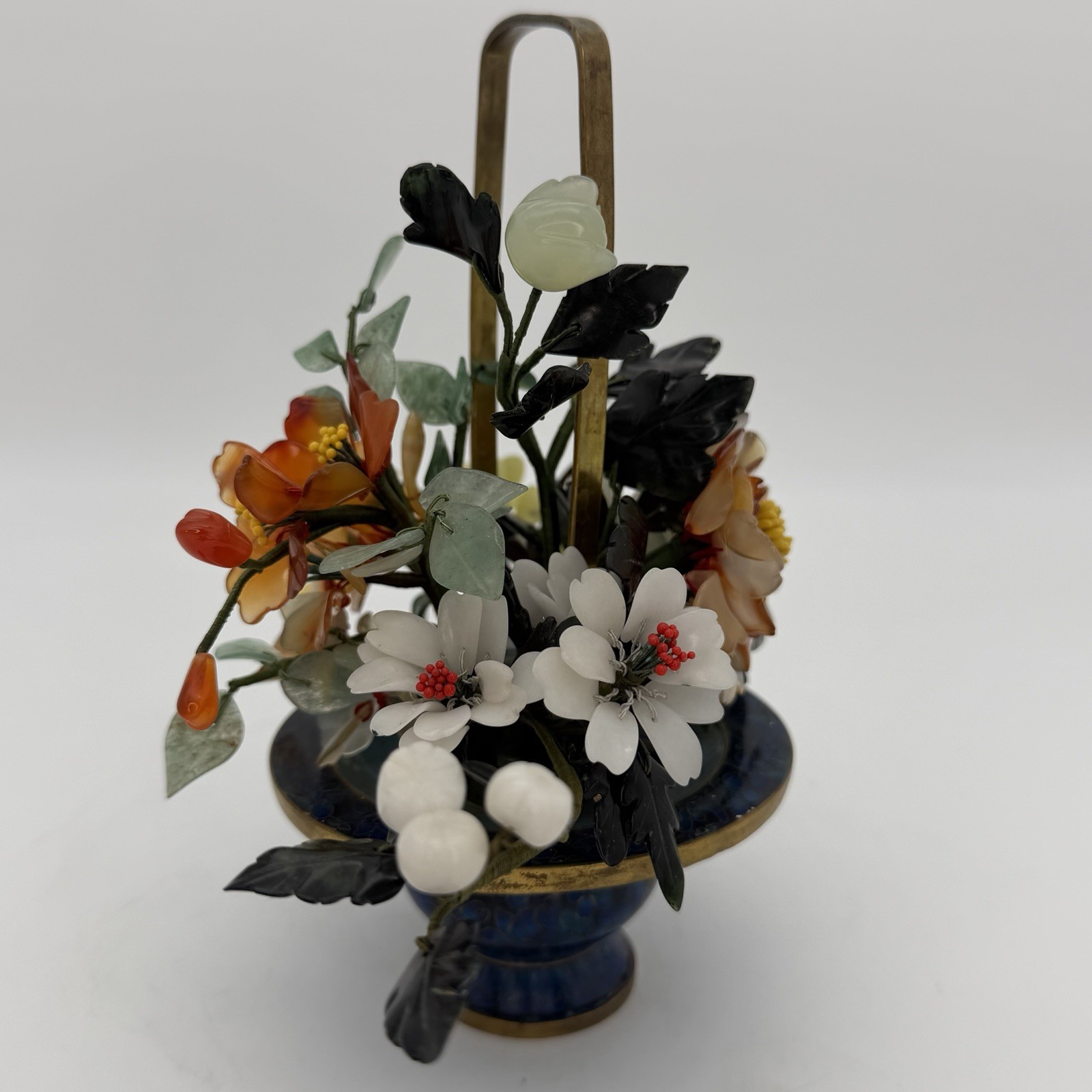 Vintage Jade Bonsai Tree Flowers Basket Cloisonné Pot 7.5” Brass Handle