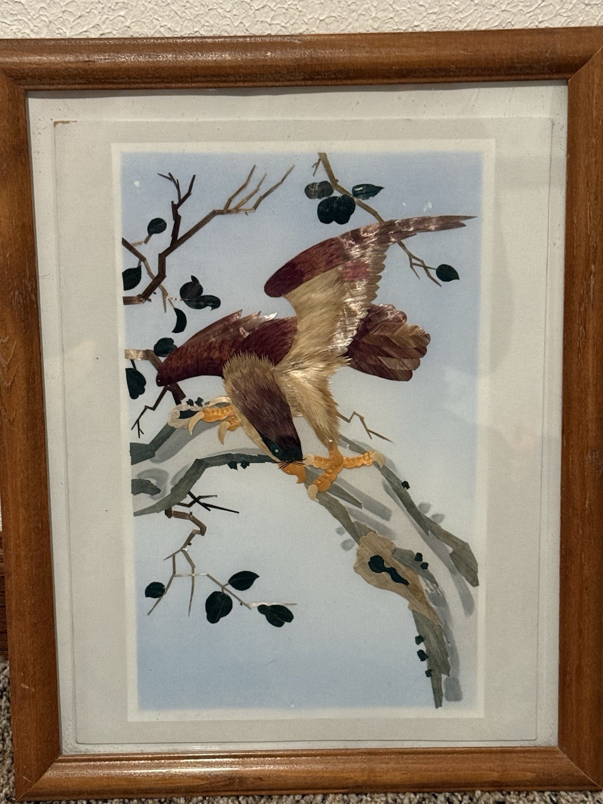 Vintage Chinese Straw Art Framed Wall Decor Set of 4 Panda Tiger Bird Horse