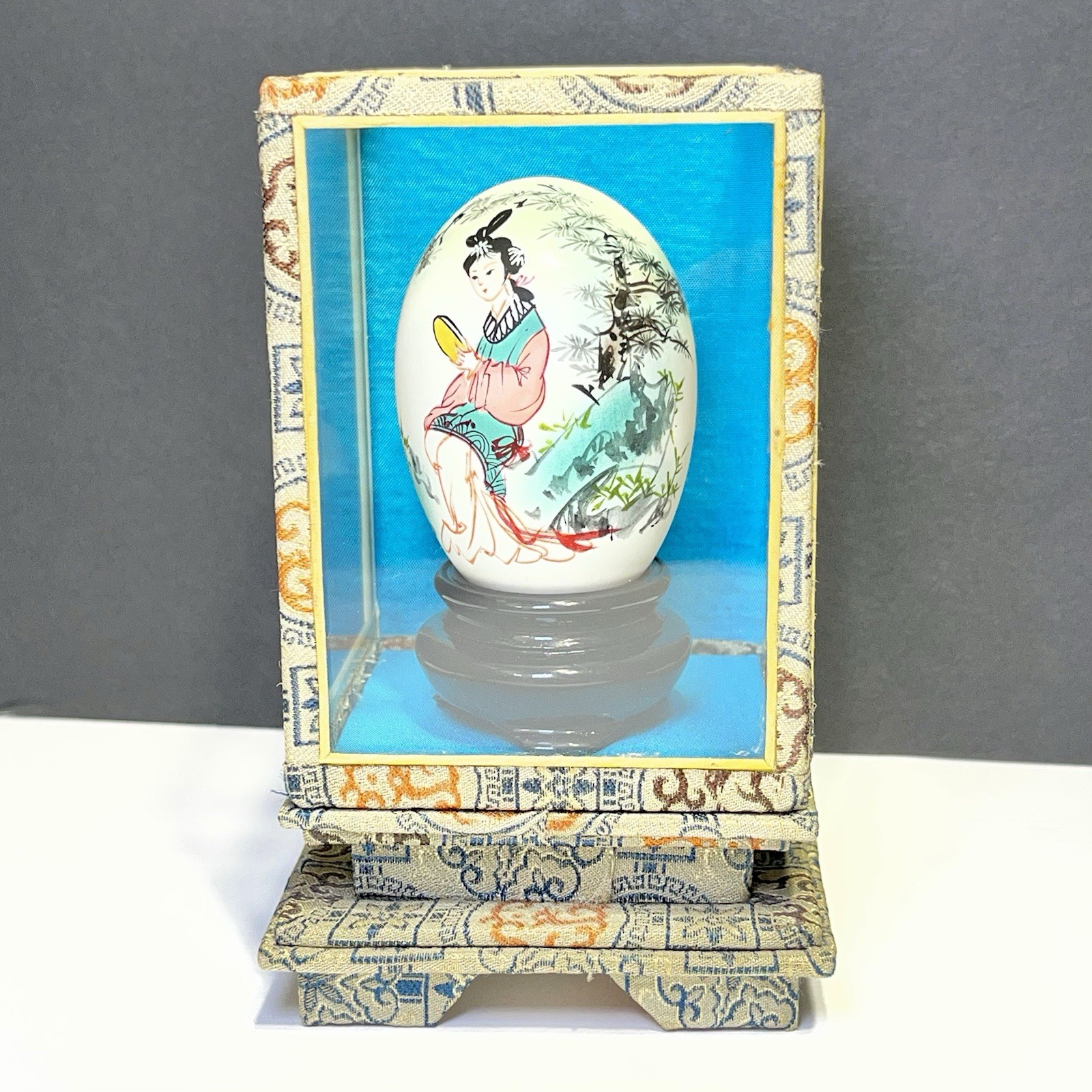 Vintage Chinese Oriental Hand Painted Egg in Glass Display Case Woman in Garden