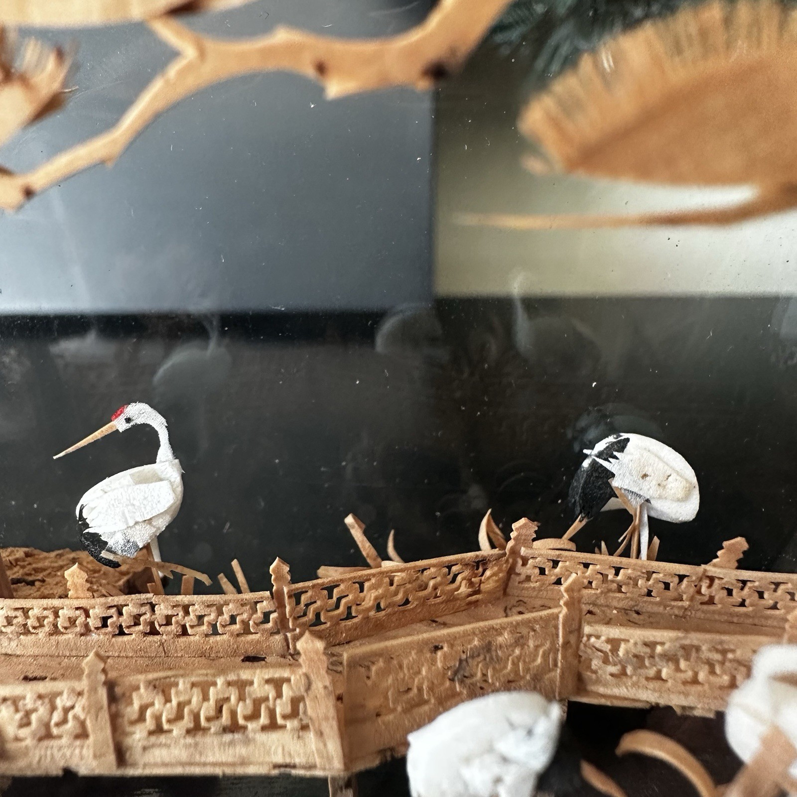 Vintage Chinese Cork Art Diorama 12.5” Pagoda Bridge Cranes Display Case