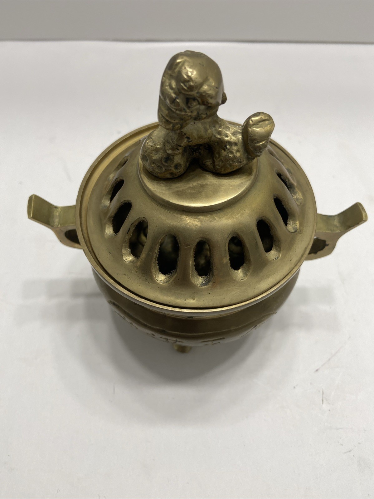 Vintage Chinese Brass Footed Incense Burner Holder Tri pod pot With Lid