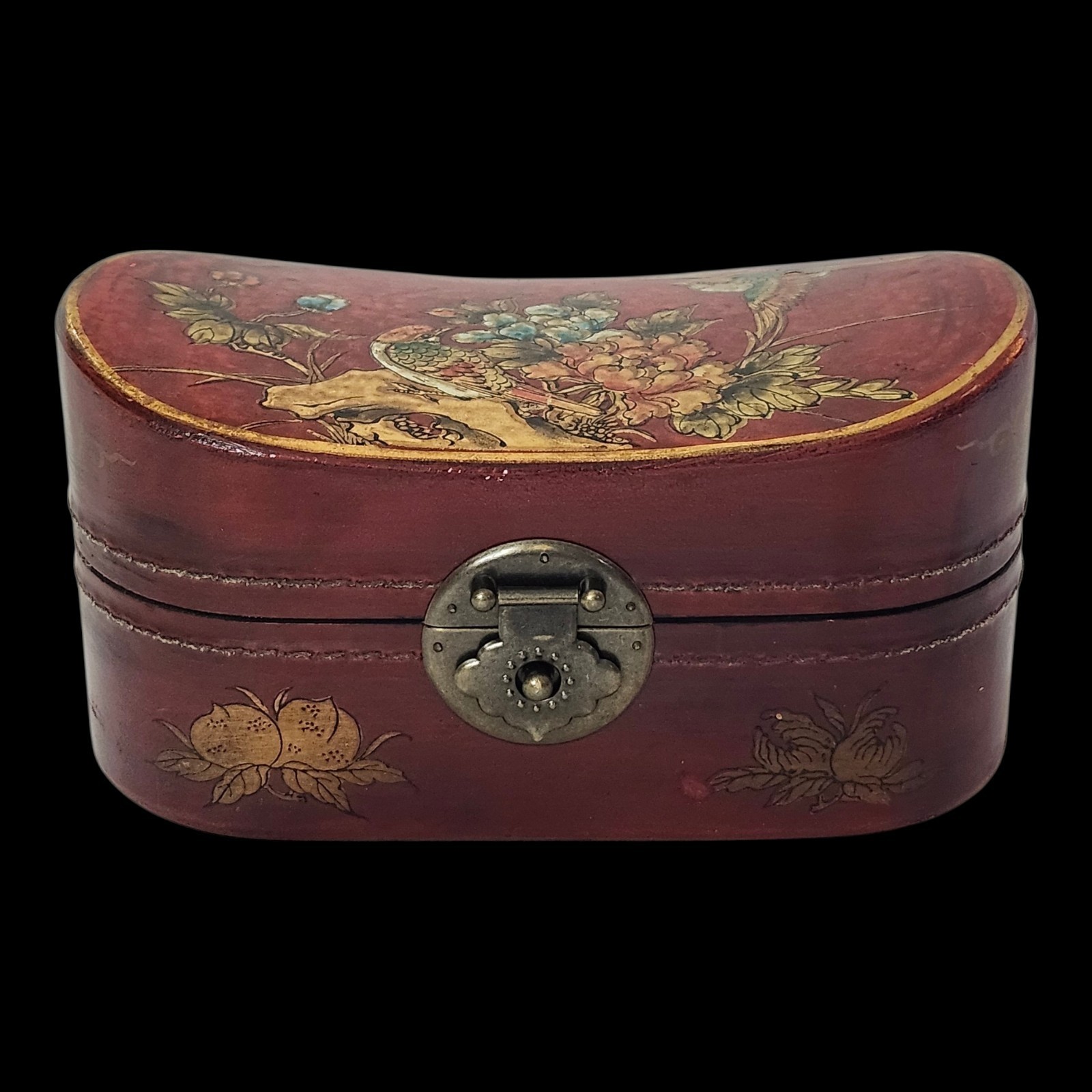 Antique/Vintage Chinese Lacquered Pillow Box Wood Brass Floral, Bird Motifs