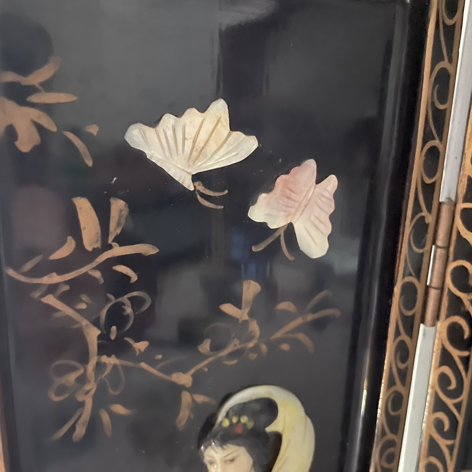 Vintage Oriental Black Lacquer Mother Of Pearl Geisha 4 Panel Screen 18”x14” SEE