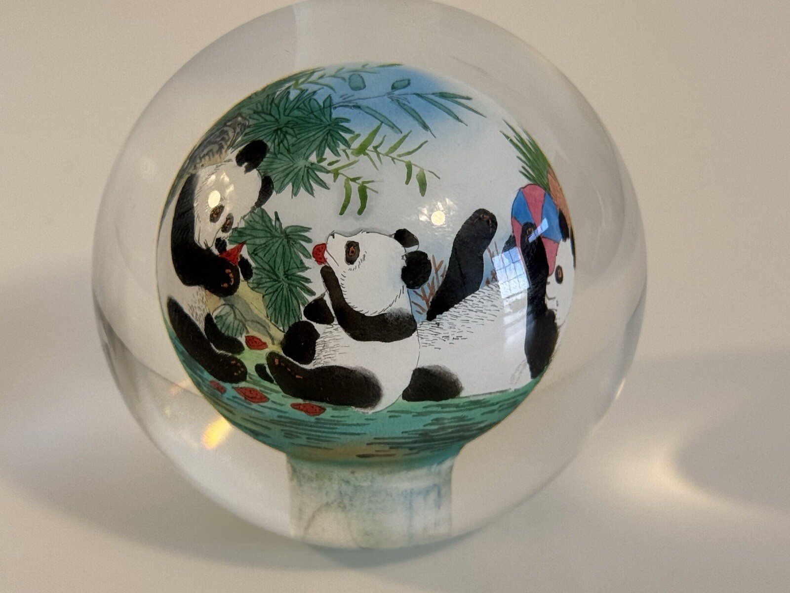 Chinese Glass Ball Sphere Paperweight Reverse Hand Painted Pandas